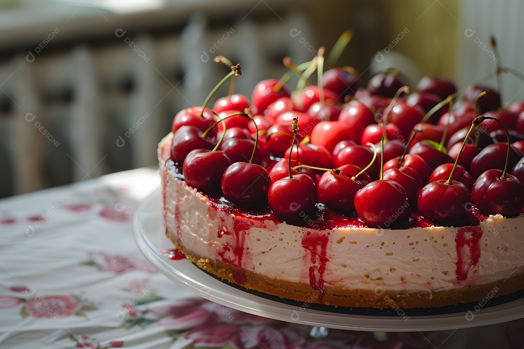 Deliciosa torta de cereja sobre mesa de madeira
