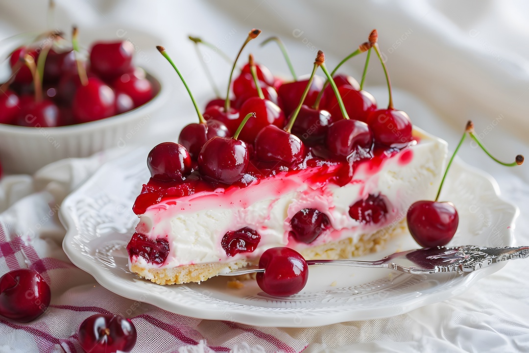 Deliciosa torta de cereja sobre mesa de madeira