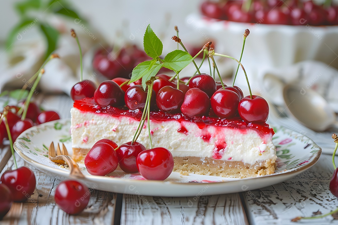 Deliciosa torta de cereja sobre mesa de madeira