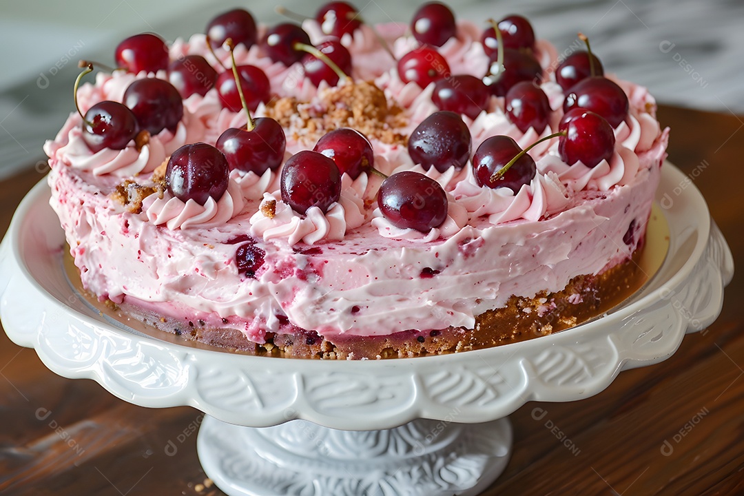 Deliciosa torta de cereja sobre mesa de madeira