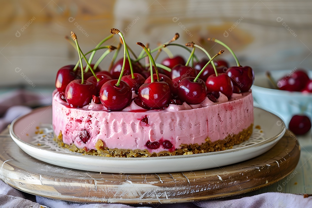 Deliciosa torta de cereja sobre mesa de madeira
