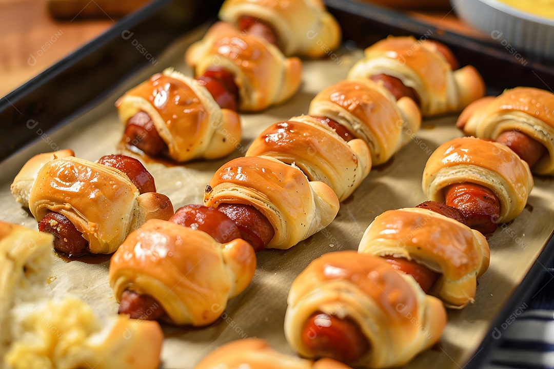 Delicioso enroladinho de salsicha sobre uma mesa de madeira
