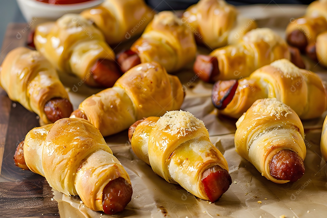 Delicioso enroladinho de salsicha sobre uma mesa de madeira