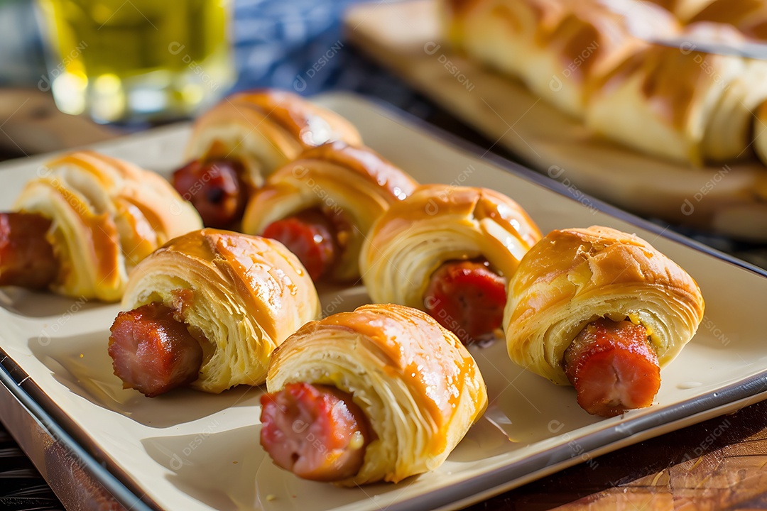 Delicioso enroladinho de salsicha sobre uma mesa de madeira