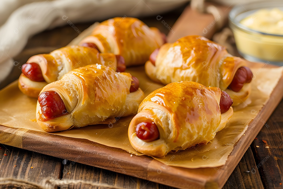 Delicioso enroladinho de salsicha sobre uma mesa de madeira