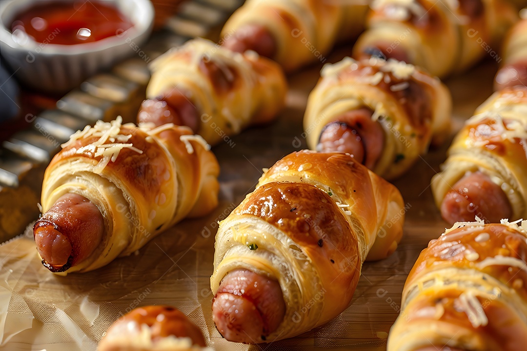 Delicioso enroladinho de salsicha sobre uma mesa de madeira