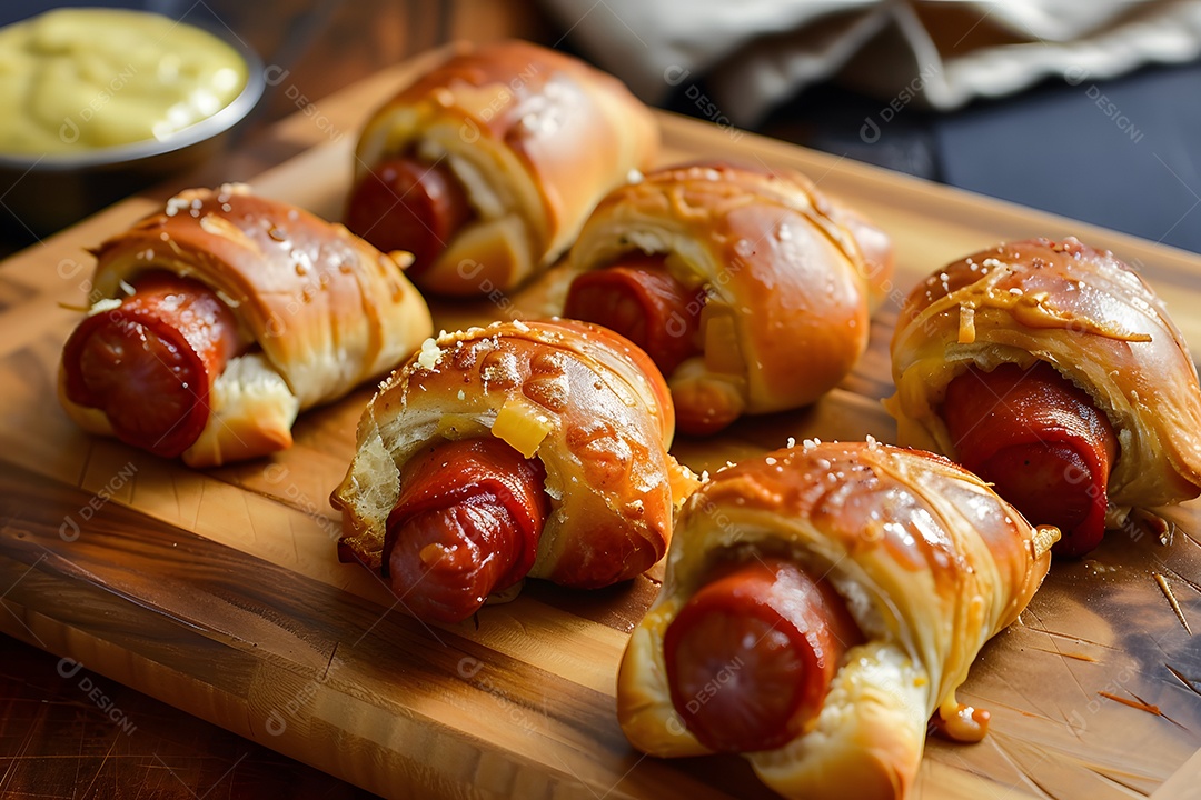 Delicioso enroladinho de salsicha sobre uma mesa de madeira