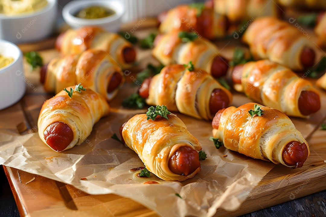 Delicioso enroladinho de salsicha sobre uma mesa de madeira