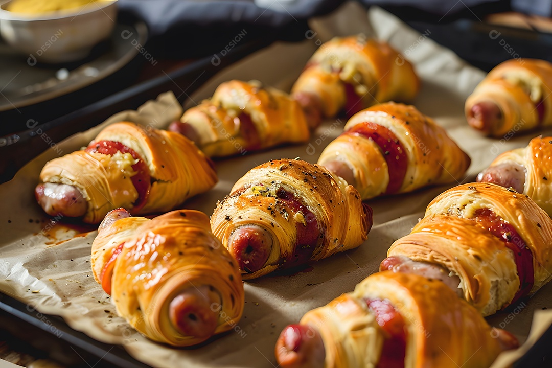 Delicioso enroladinho de salsicha sobre uma mesa de madeira
