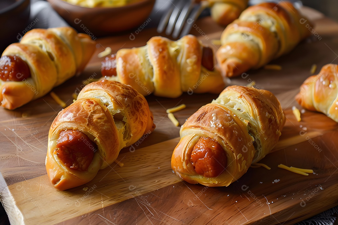 Delicioso enroladinho de salsicha sobre uma mesa de madeira