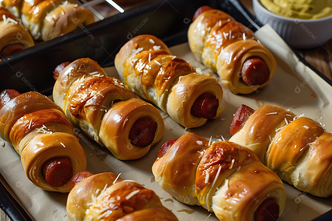 Delicioso enroladinho de salsicha sobre uma mesa de madeira