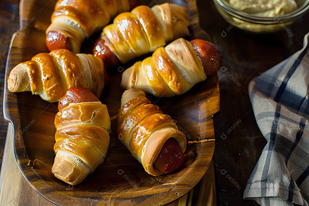 Delicioso enroladinho de salsicha sobre uma mesa de madeira