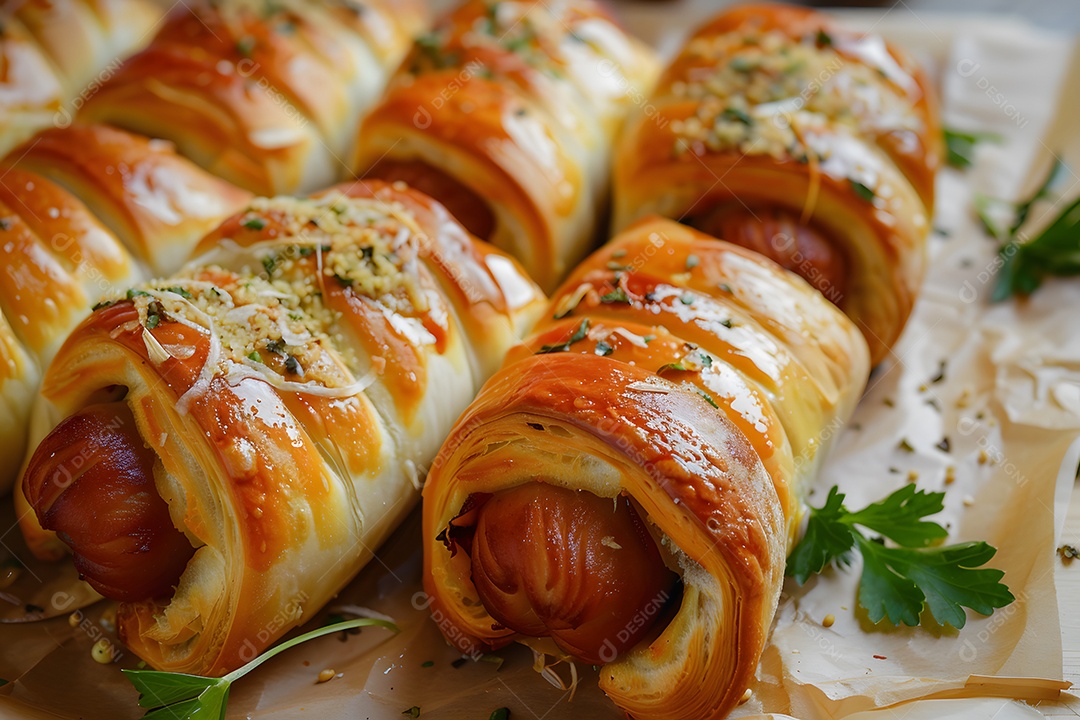 Delicioso enroladinho de salsicha sobre uma mesa de madeira