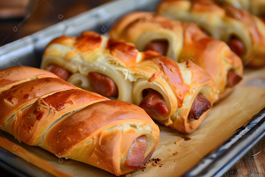 Delicioso enroladinho de salsicha sobre uma mesa de madeira