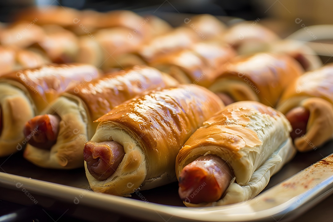 Delicioso enroladinho de salsicha sobre uma mesa de madeira