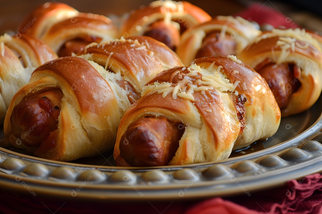 Delicioso enroladinho de salsicha sobre uma mesa de madeira