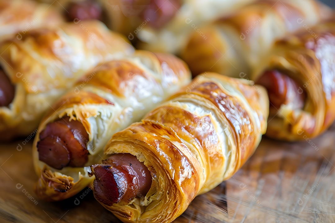 Delicioso enroladinho de salsicha sobre uma mesa de madeira