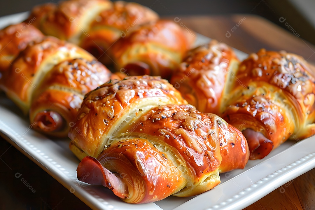 Delicioso enroladinho de salsicha sobre uma mesa de madeira