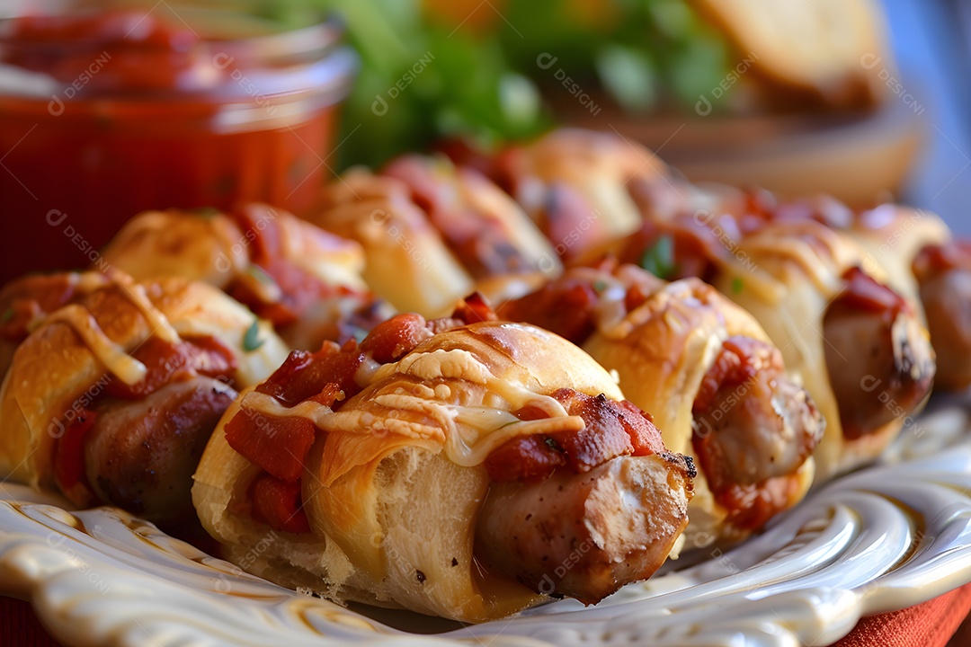 Delicioso enroladinho de salsicha sobre uma mesa de madeira