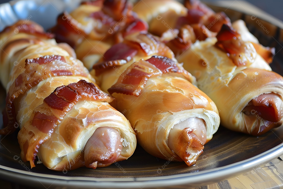 Delicioso enroladinho de salsicha sobre uma mesa de madeira