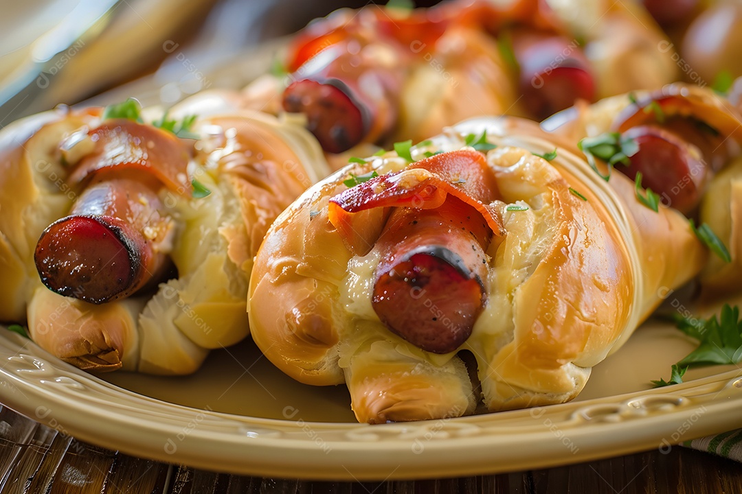 Delicioso enroladinho de salsicha sobre uma mesa de madeira