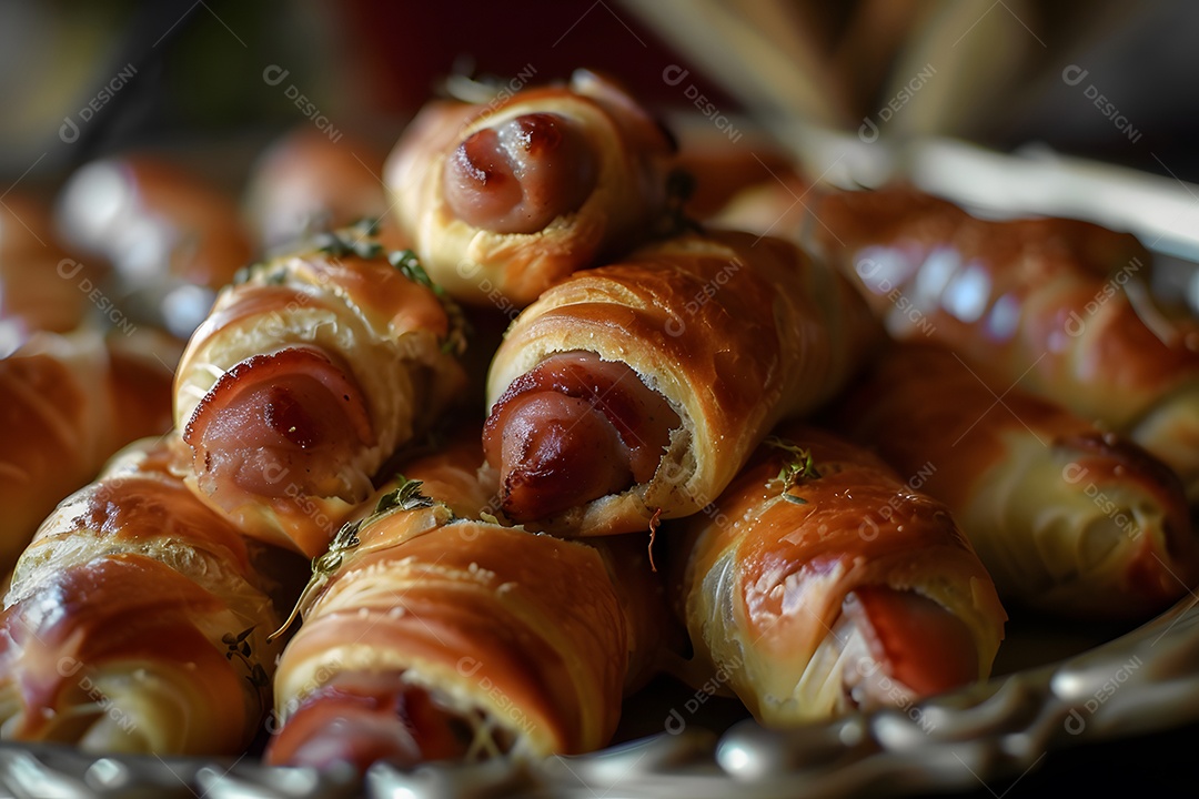 Delicioso enroladinho de salsicha sobre uma mesa de madeira
