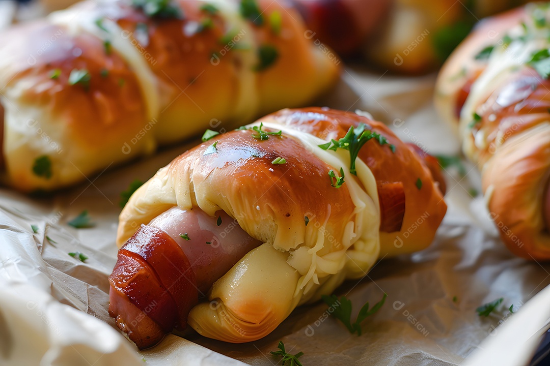 Delicioso enroladinho de salsicha sobre uma mesa de madeira