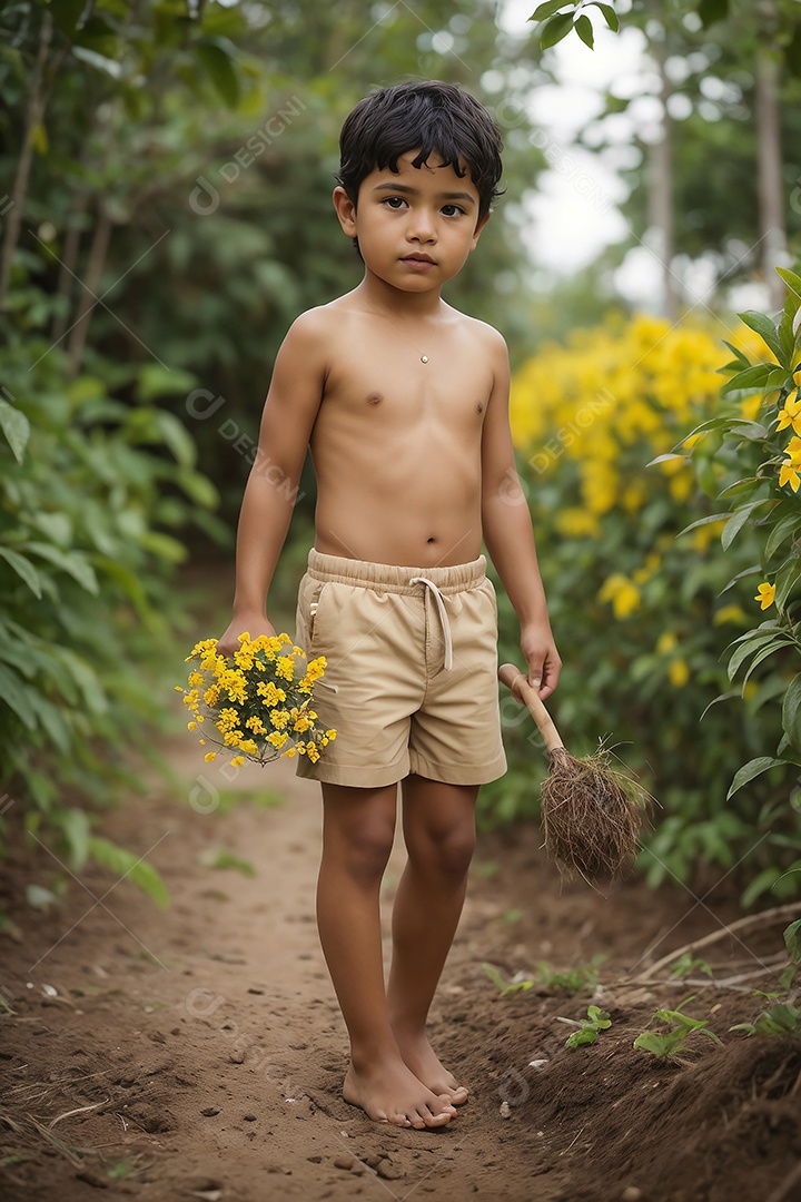 Menino no meio da floresta segurando flores amarelas