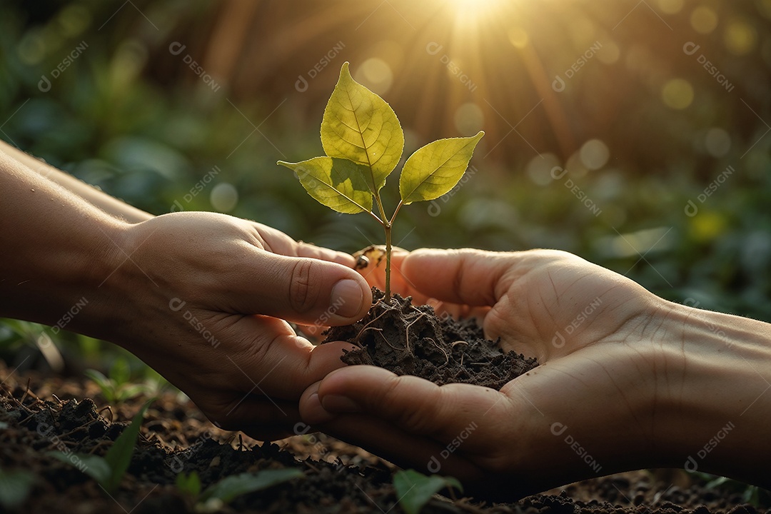 Mãos segurando uma pequena planta para ser plantada à luz do pôr do sol