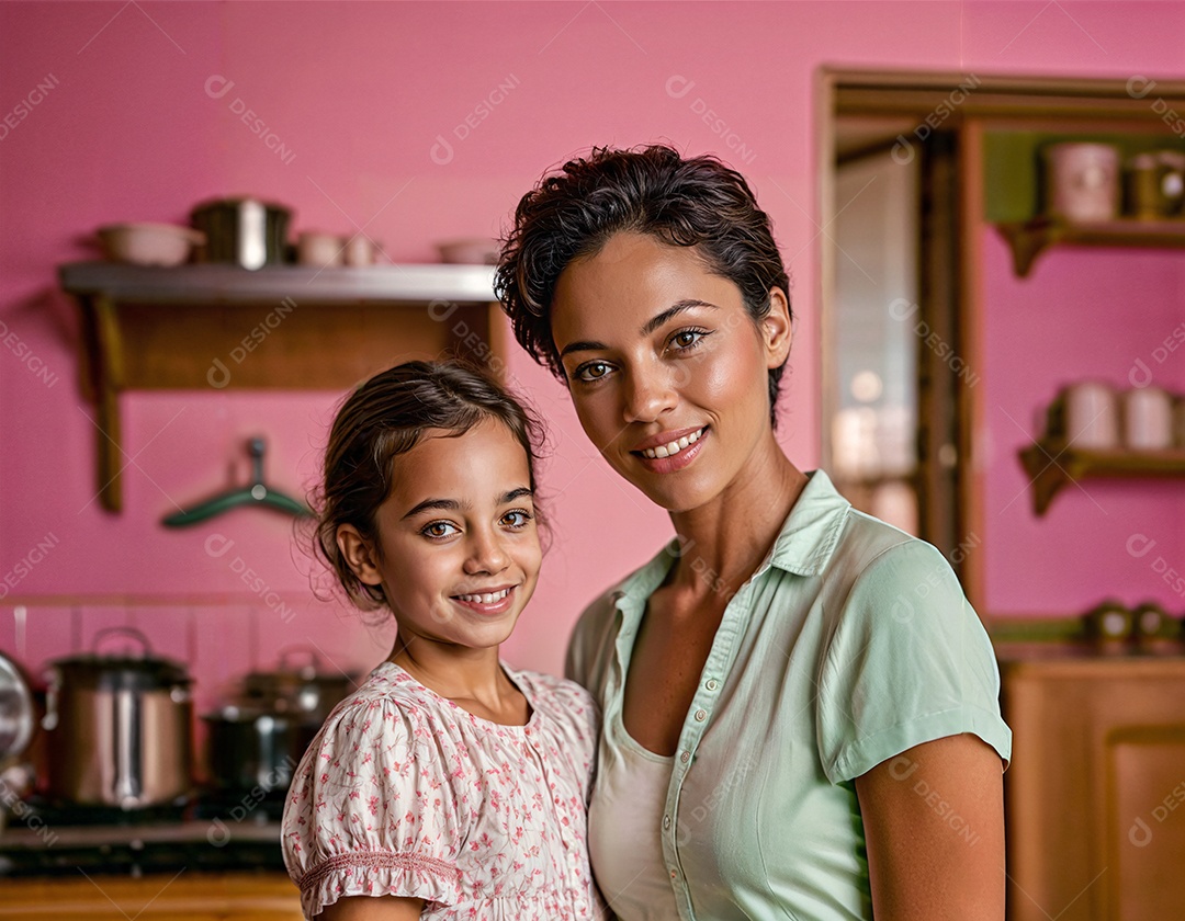 Mãe e filha abraçadas e sorrindo
