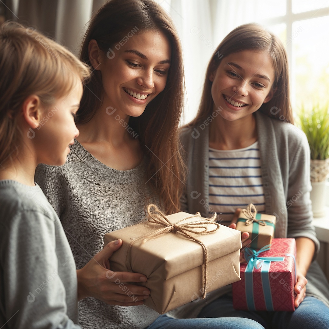 Mulher jovem sorridente recebendo presente de seus filhos