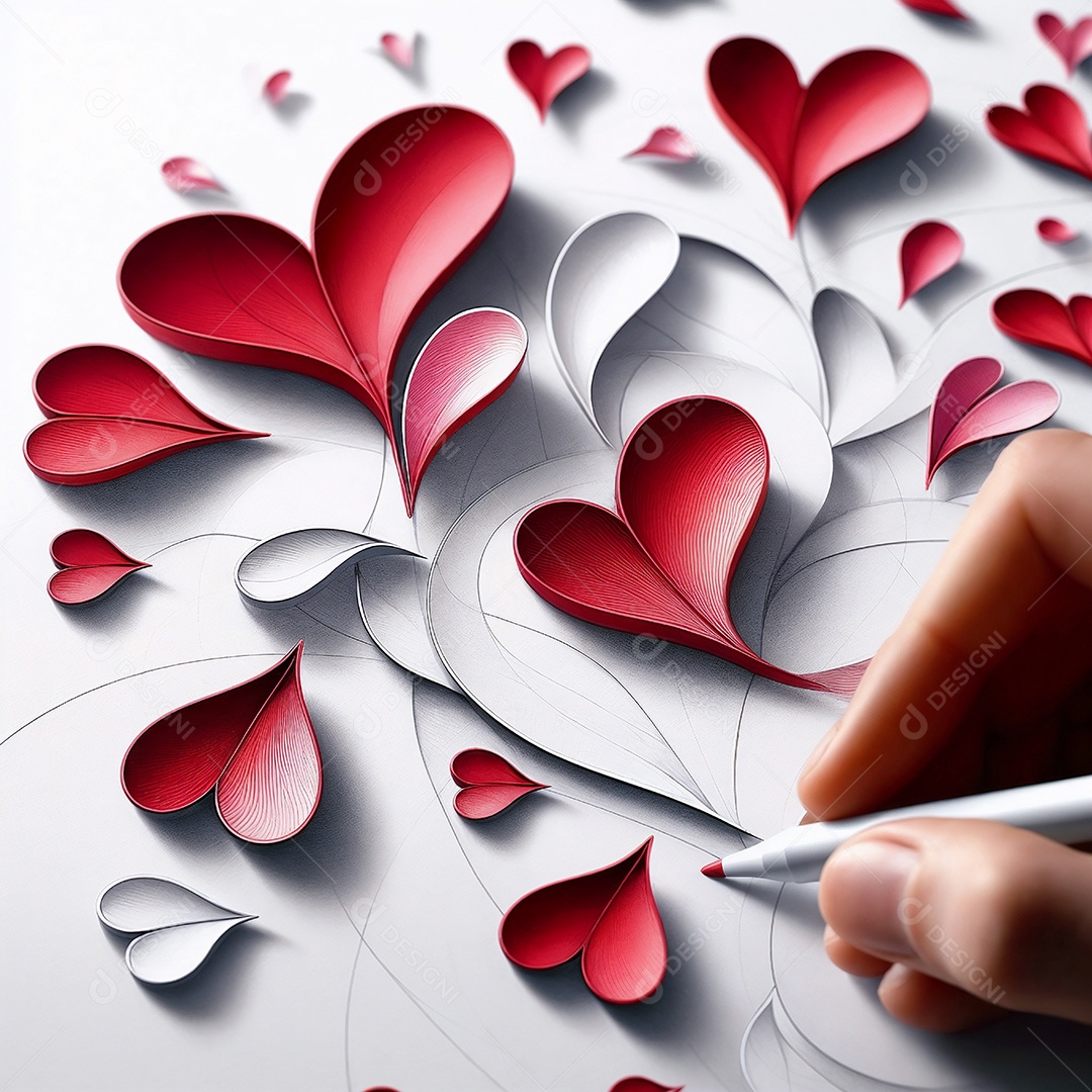 A hand drawing red hearts on a white sheet