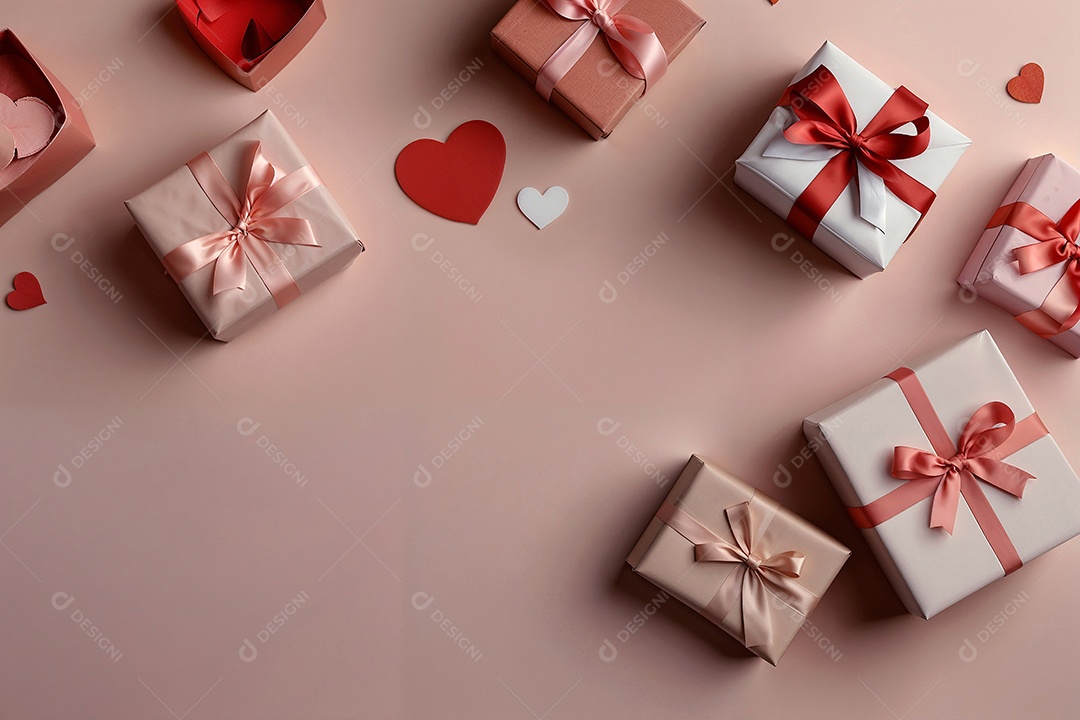 Presentes com corações em fundo rosa claro