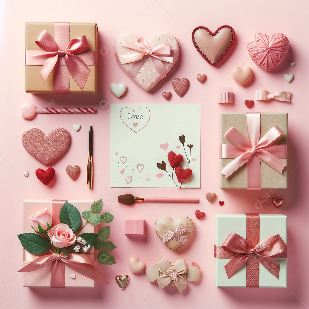 Presentes cartões e corações em fundo rosa claro