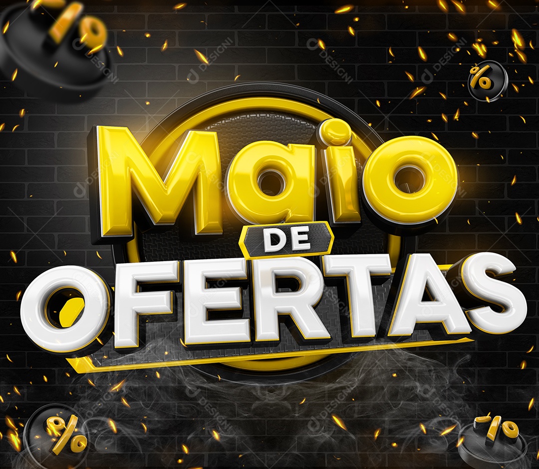 Maio de Ofertas Selo 3D Amarelo e Branco para Composição PSD
