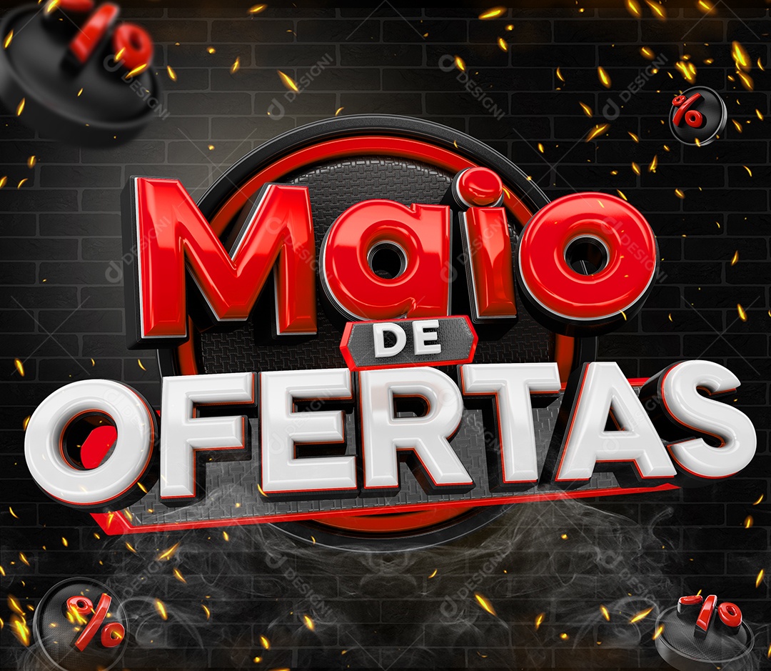 Maio de Ofertas Selo 3D Vermelho e Branco para Composição PSD
