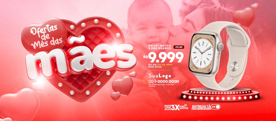 Banner Mês das Mães Ofertas Smart Watch Social Media PSD Editável