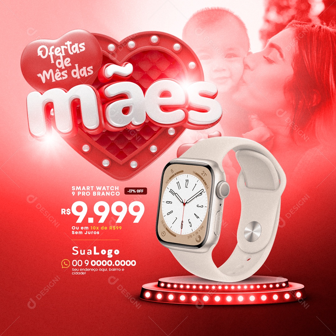 Mês das Mães Ofertas Smart Watch Social Media PSD Editável