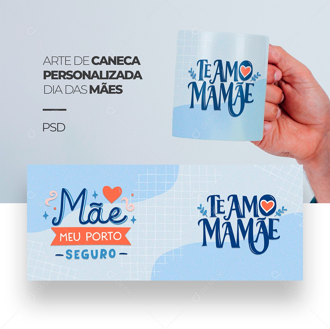 Arte de Caneca Personalizada Dia das Mães Te Amo Mamãe PSD Editável