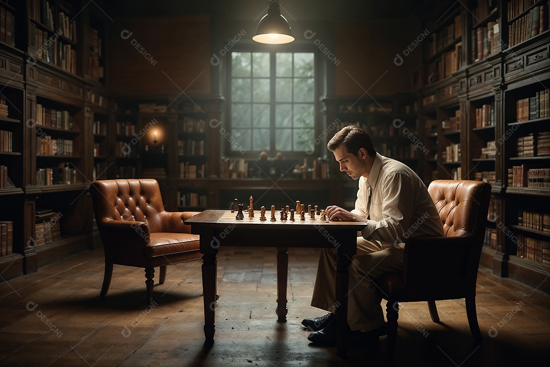 Homem jogando xadrez em uma livraria