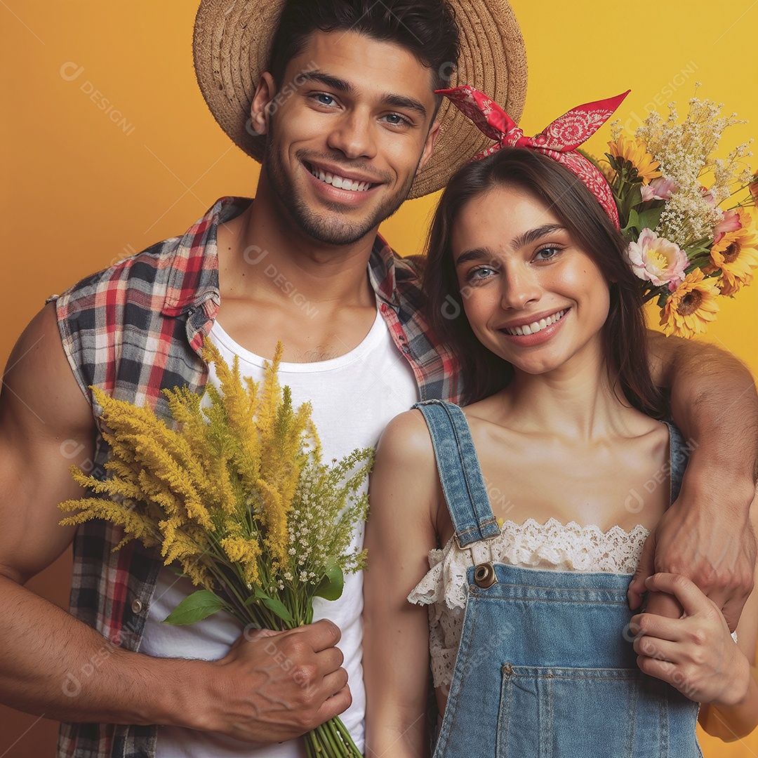 Casal brasileiro vestido com roupas de festa junina