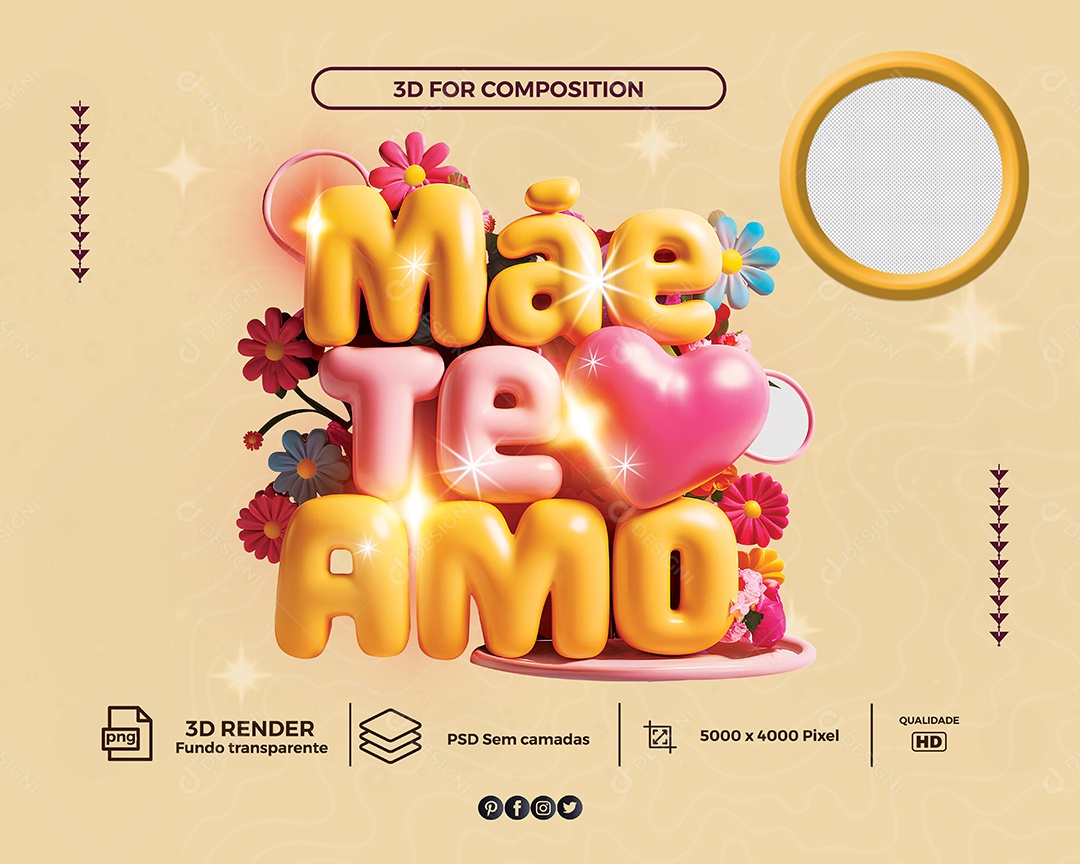 Mãe Te Amo Selo 3D para Composição PSD