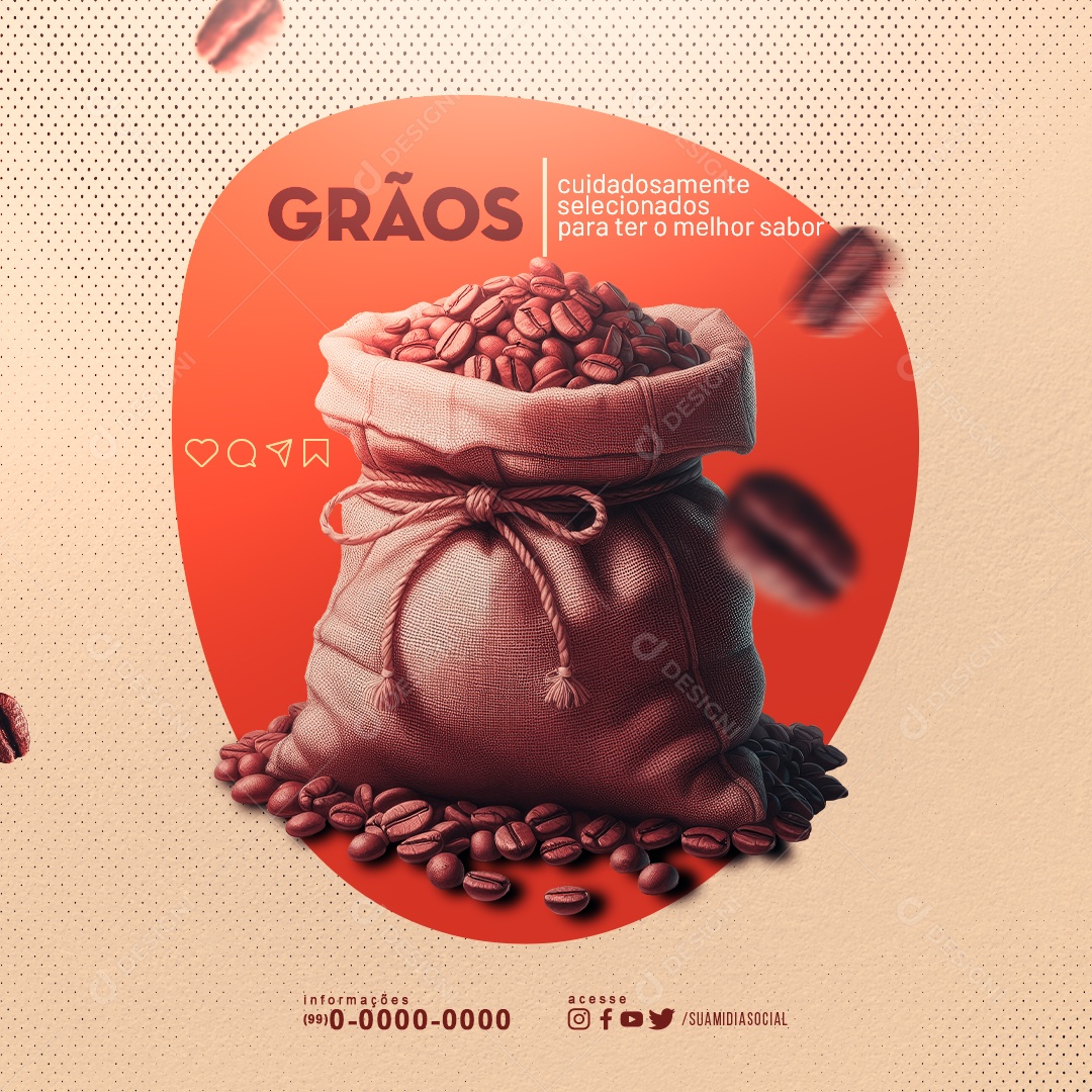 Cafeteria Grãos Cuidadosamente Selecionados Social Media PSD Editável