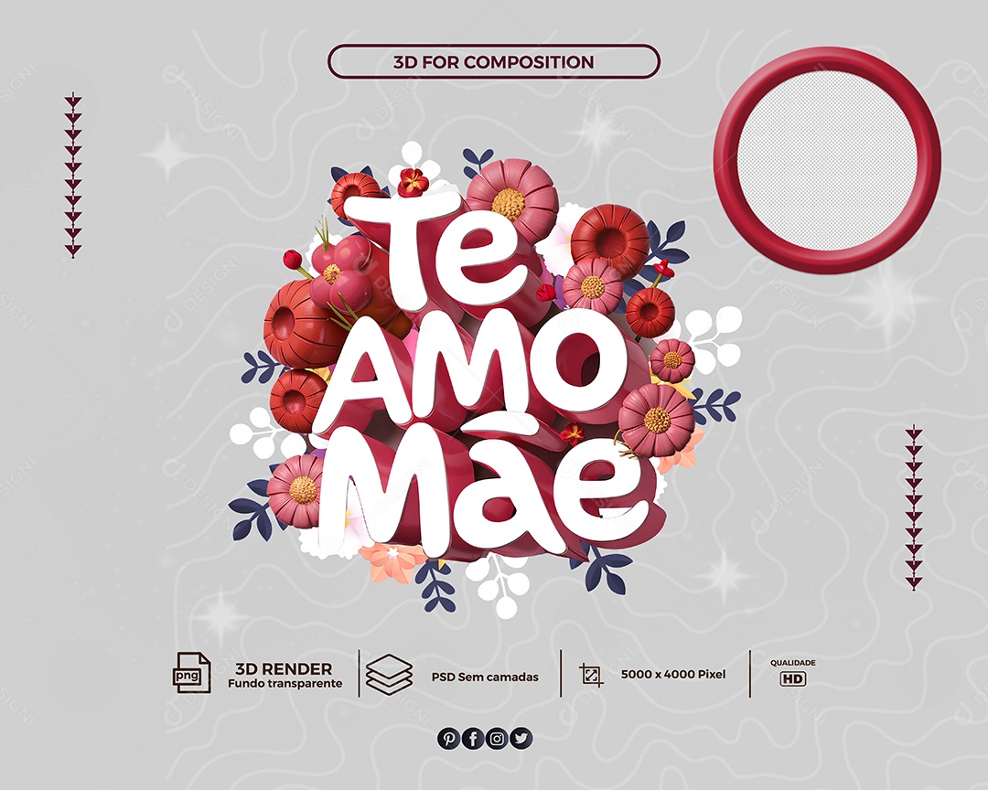 Te Amo Mãe Selo 3D para Composição PSD