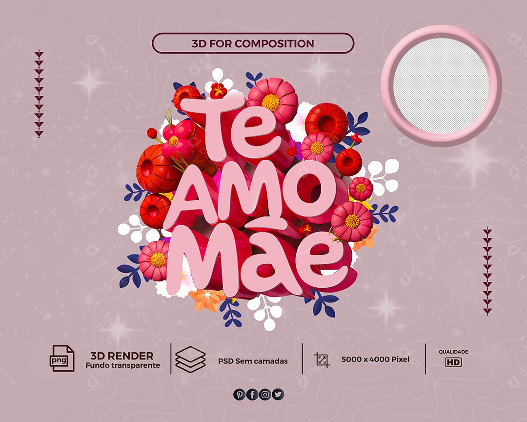 Te Amo Mãe Selo 3D Rosa para Composição PSD