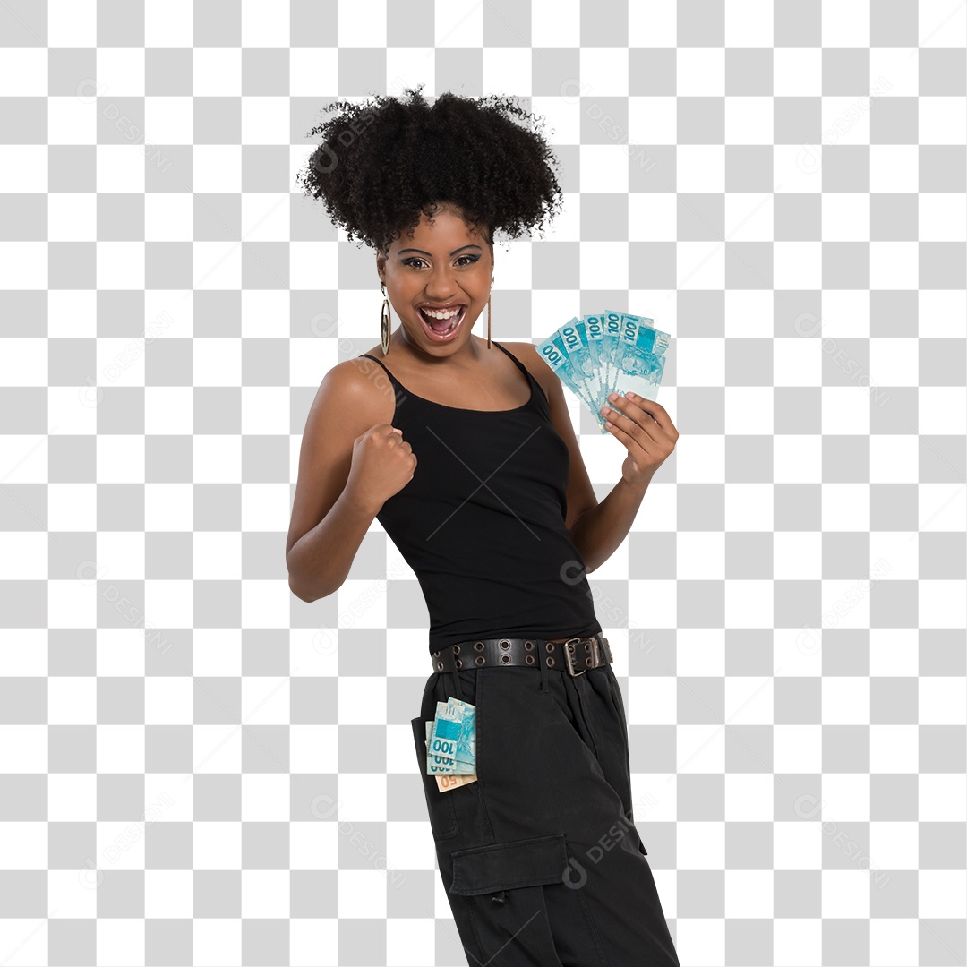 Mulher Morena Segurando Dinheiro PNG Transparente