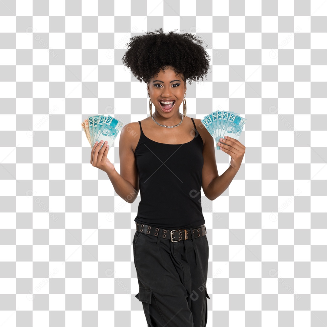 Mulher Morena Segurando Dinheiro PNG Transparente