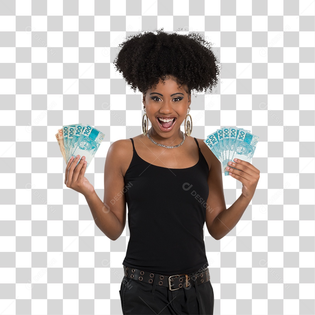 Mulher Morena Segurando Dinheiro PNG Transparente
