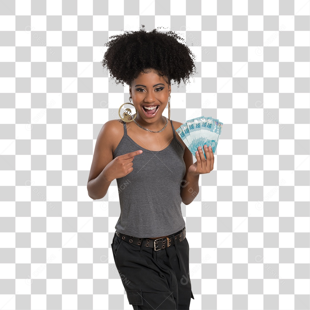 Mulher Morena Segurando Dinheiro PNG Transparente