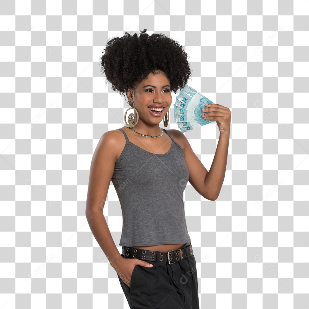 Mulher Morena Segurando Dinheiro PNG Transparente